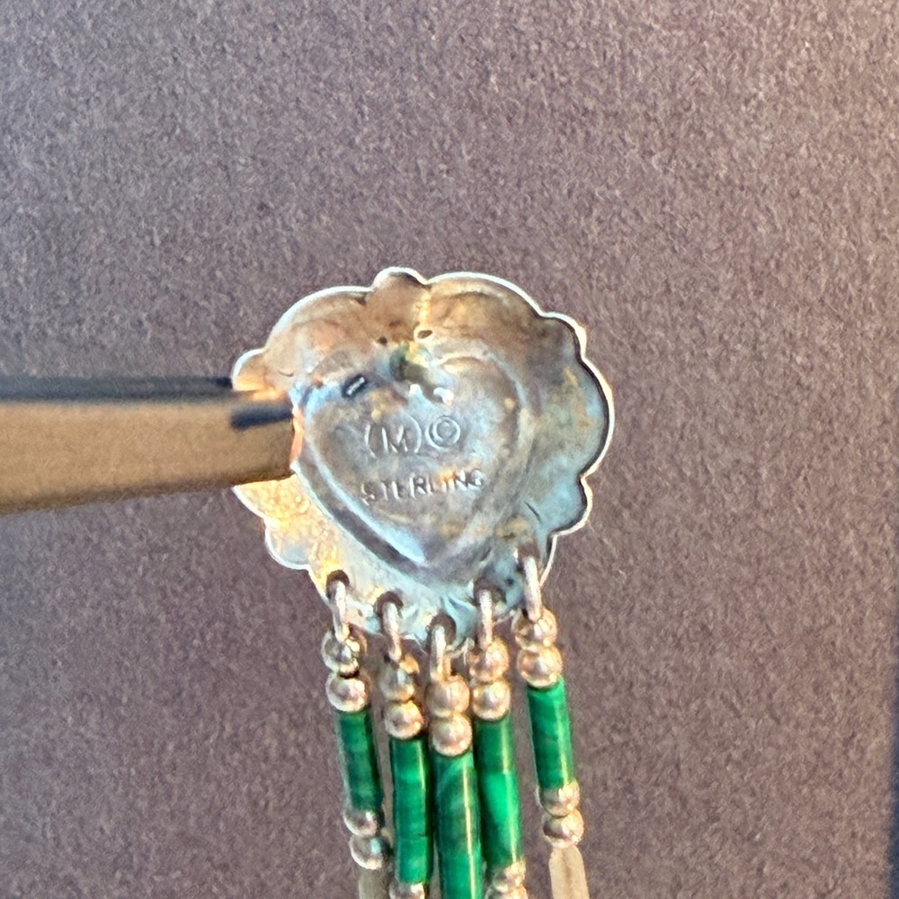 Vintage 925 Sterling Silver Malachite Heart Fringe Dangle Earrings Native Navajo - Picture 3 of 8